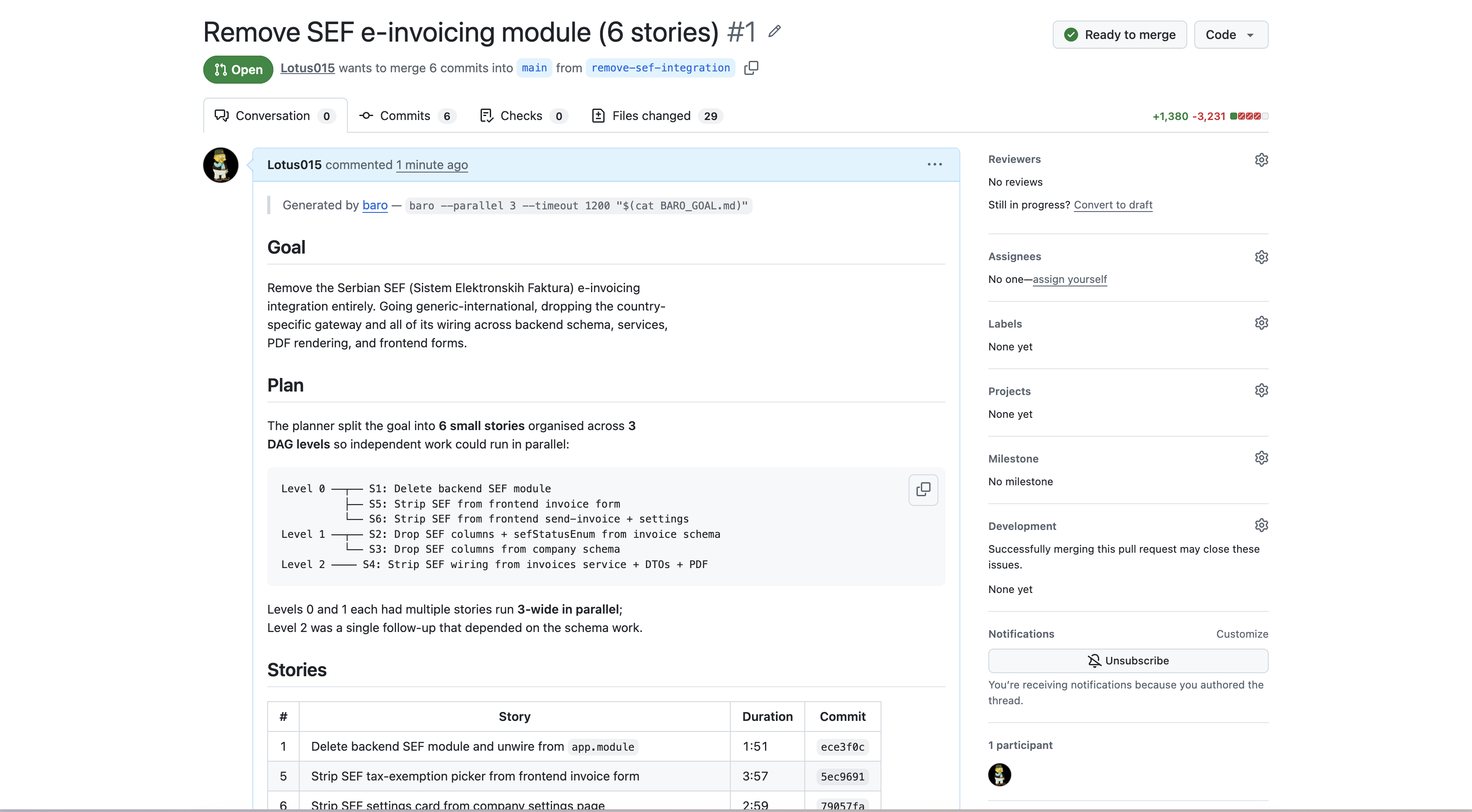 GitHub pull request opened by baro, with the goal, the DAG plan, and the stories table