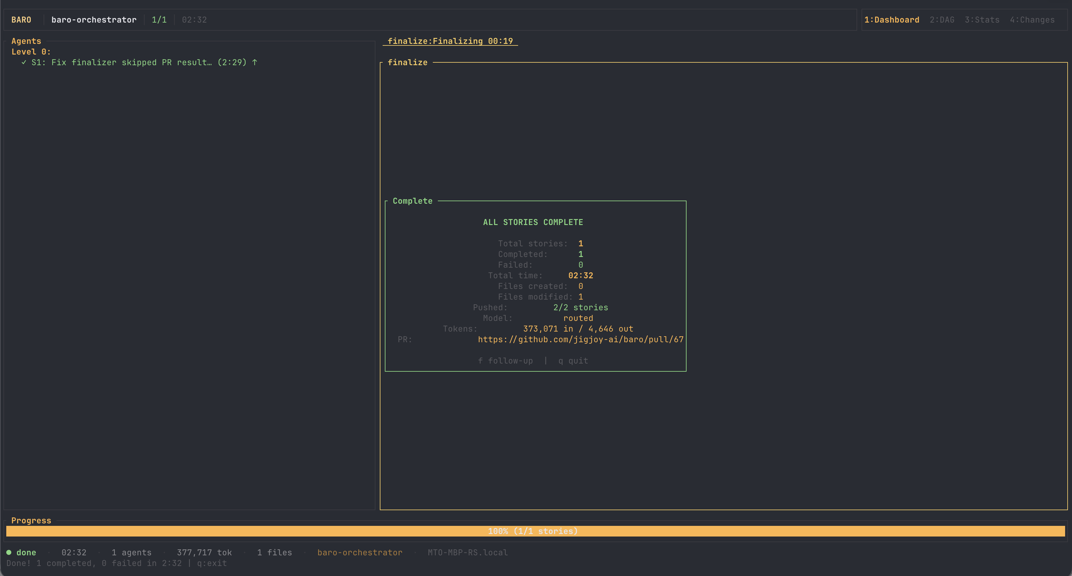 focused run complete: 1 story, 2 minutes 32 seconds, one file modified, PR opened
