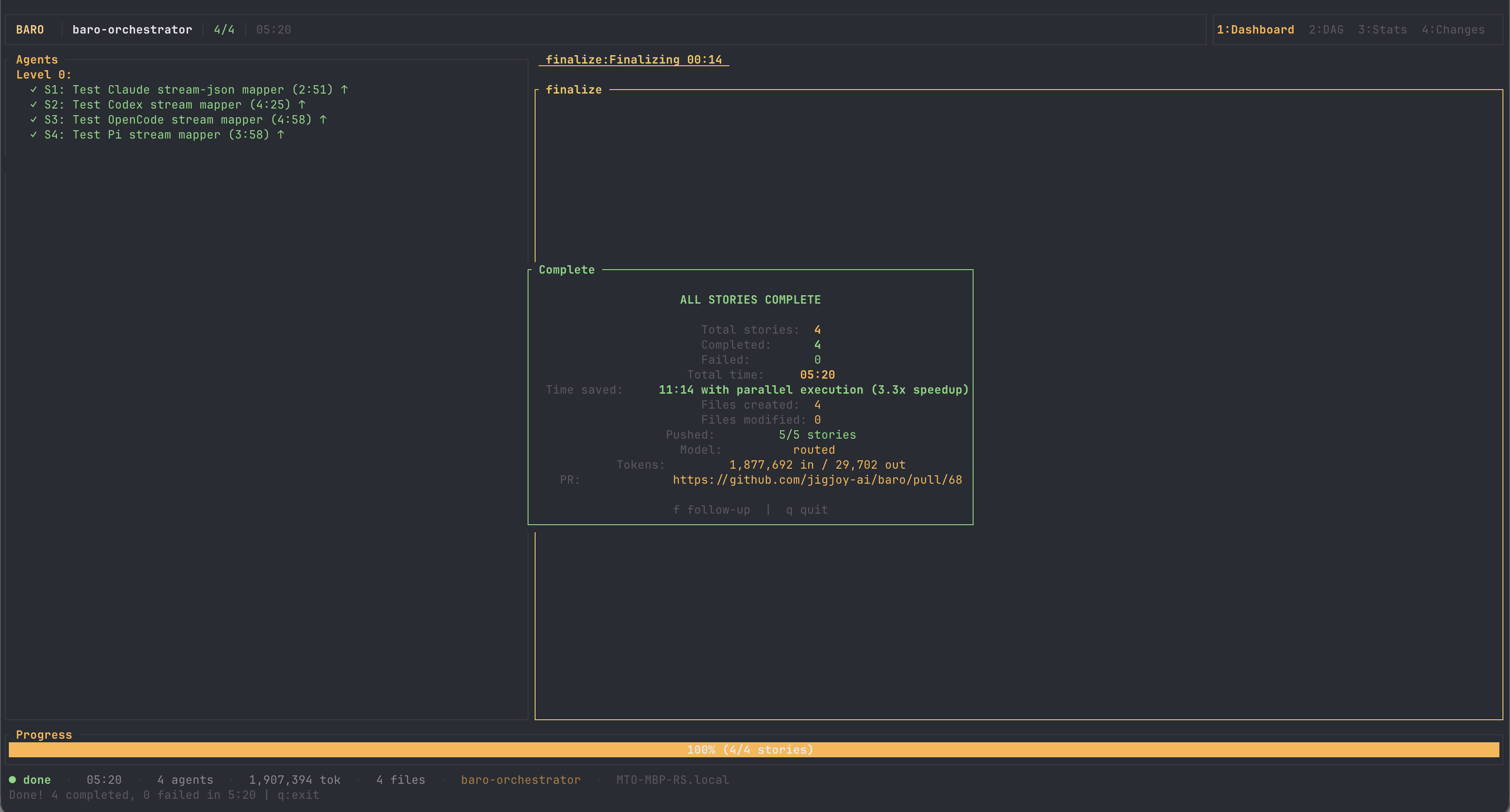parallel run complete: 4 stories in 5:20, 11:14 saved, 3.3x speedup
